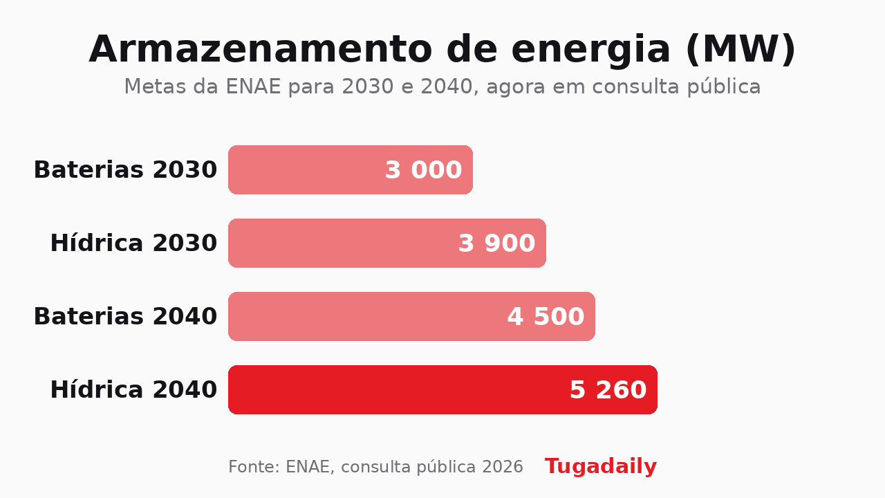Gráfico de barras com as metas de armazenamento da ENAE: baterias 3 000 MW em 2030 e 4 500 MW em 2040, bombagem hídrica 3 900 MW em 2030 e 5 260 MW em 2040