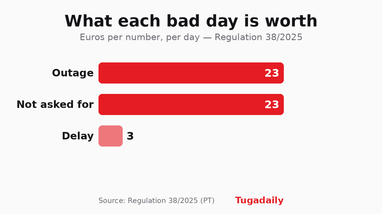 Bar chart of the daily compensation set by Portugal's Regulation 38/2025: 23 euros a day for an outage, 23 euros a day for a number ported without consent and 3 euros a day for a delay