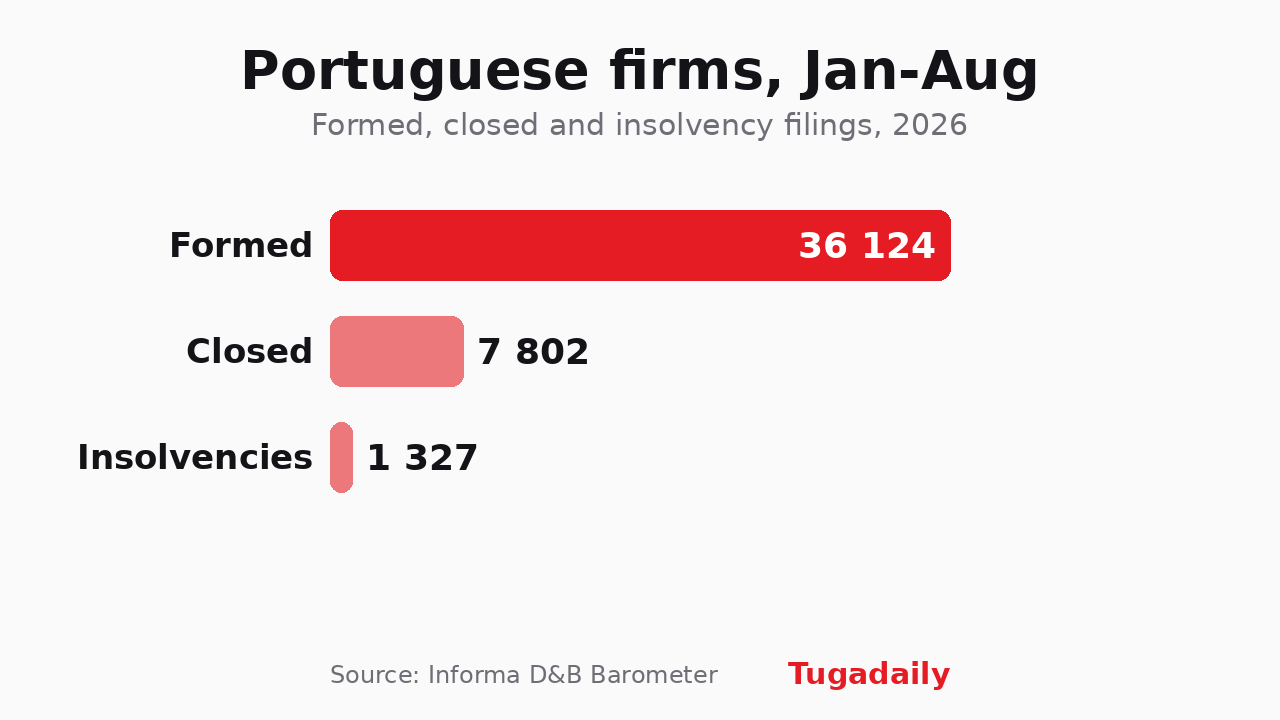 Chart of companies formed, closed and filing for insolvency in Portugal between January and August 2026