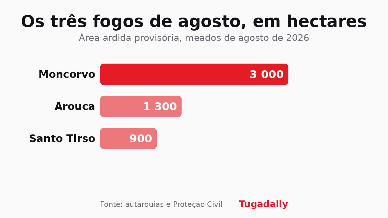 Gráfico Tugadaily com a área ardida provisória dos três incêndios de meados de agosto de 2026: Moncorvo 3.000 hectares, Arouca 1.300 e Santo Tirso 900