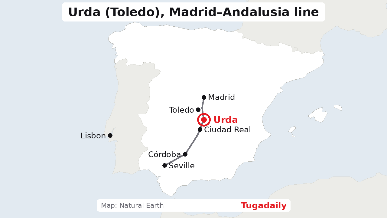 Map of the Iberian Peninsula marking Urda, in Toledo province, on the high-speed line between Madrid and Seville