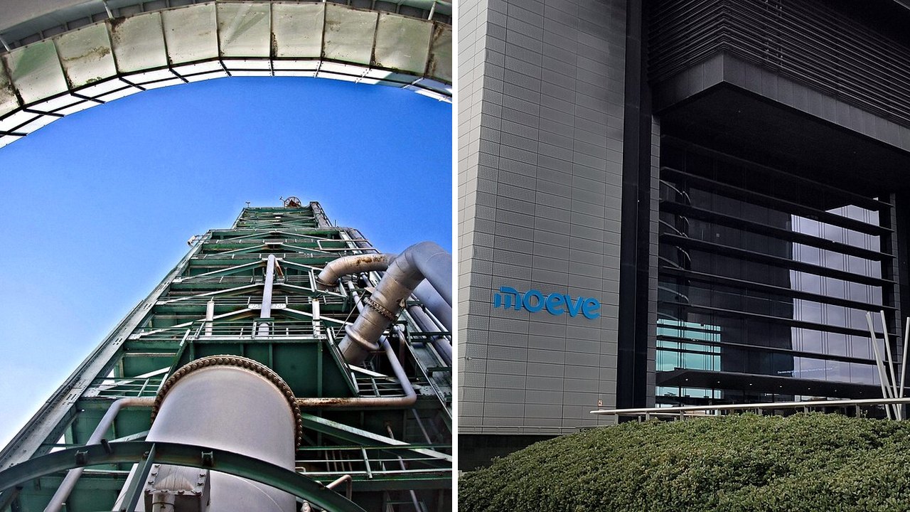 Left, the Torre Galp, a tower kept from the old refinery at Parque das Nações, Lisbon; right, Moeve's headquarters in Madrid with its logo on the facade