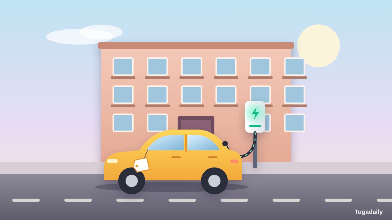 Ilustração de um pequeno carro elétrico amarelo a carregar num posto à porta de um prédio de habitação, com uma etiqueta de preço pendurada no espelho