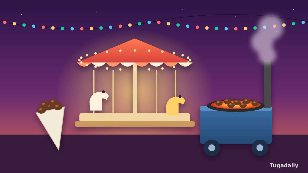 Ilustração de uma feira à noite, com um carrossel iluminado, um carrinho de castanhas assadas a fumegar e um cartucho de castanhas em primeiro plano
