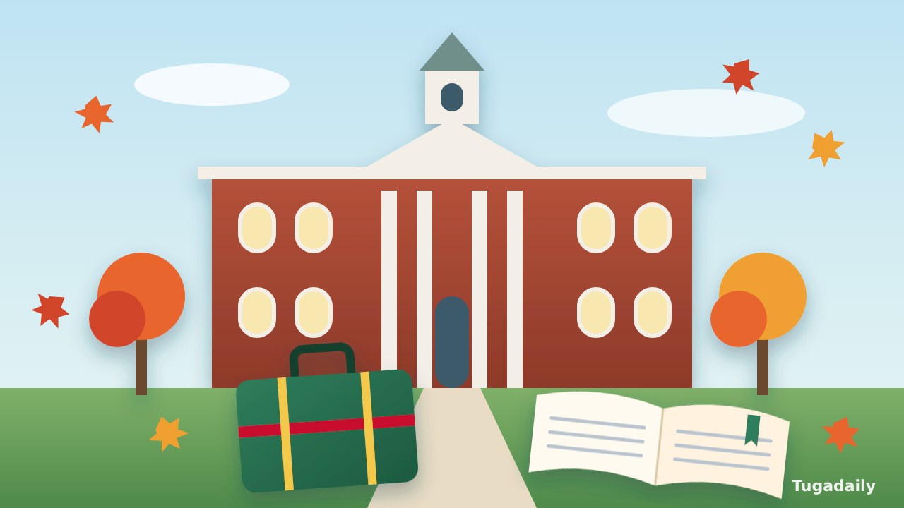 Illustration of a red-brick American college hall with white columns and a cupola, autumn trees, a green suitcase with a red strap and an open book on the lawn
