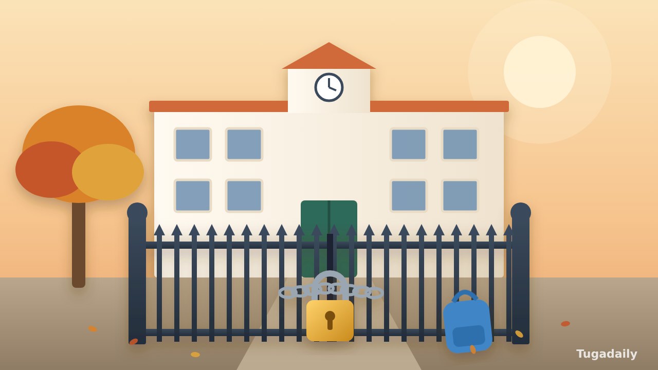 Illustration of a school with its iron gate padlocked shut and a blue backpack left by the railings on an autumn morning