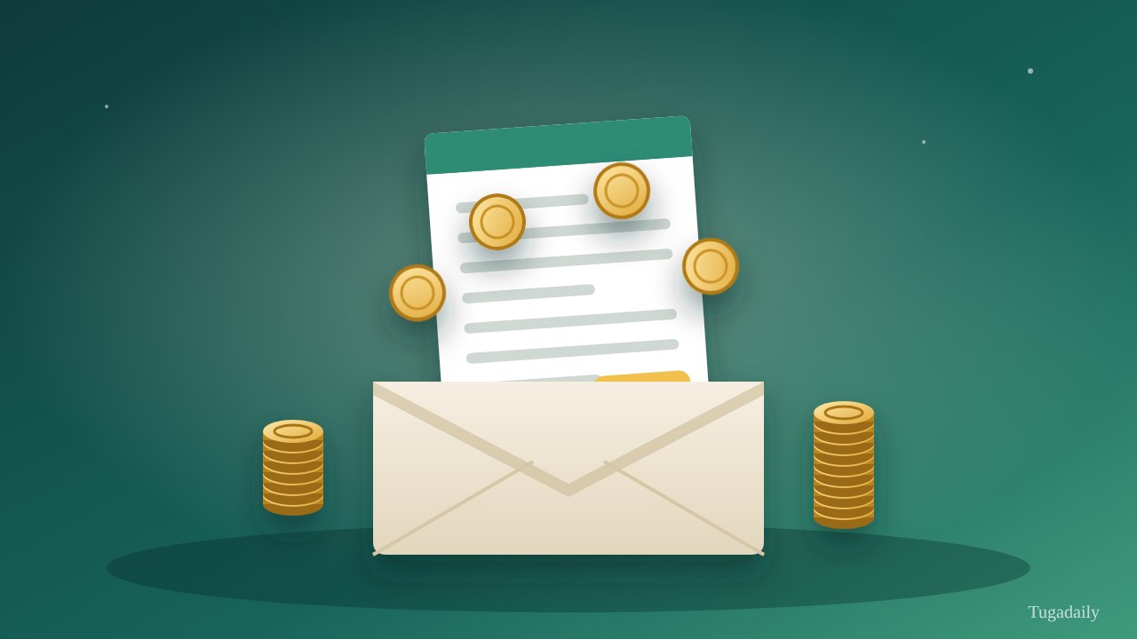 Ilustração de um recibo de vencimento a sair de um envelope aberto, com moedas douradas a saltar à volta e duas pilhas de moedas ao lado, sobre fundo verde