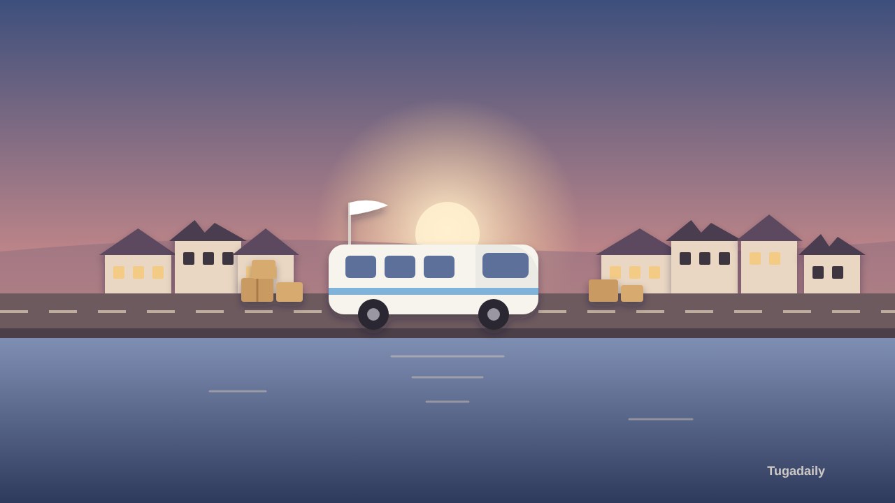Ilustração de um autocarro branco com uma bandeira branca numa estrada à beira-rio ao amanhecer, entre casas baixas e caixas de ajuda