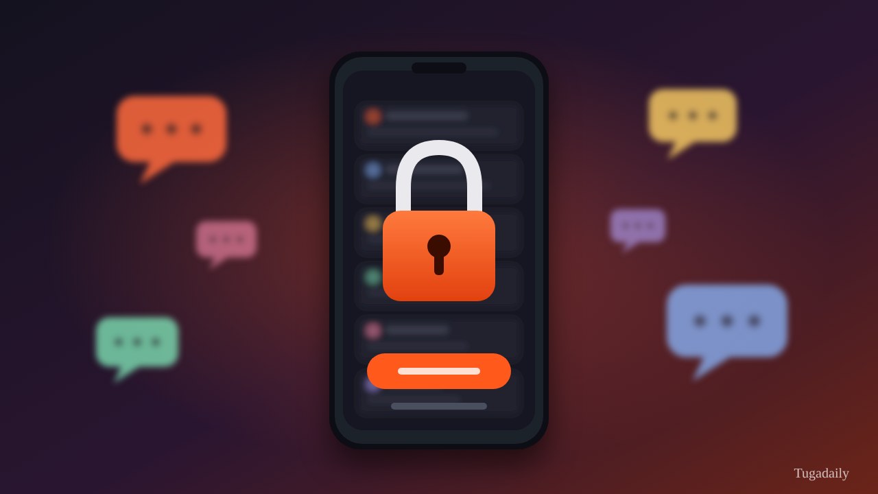Illustration of a phone showing a blurred list of posts covered by a large orange padlock and a sign-in button, surrounded by blurred, colourful speech bubbles
