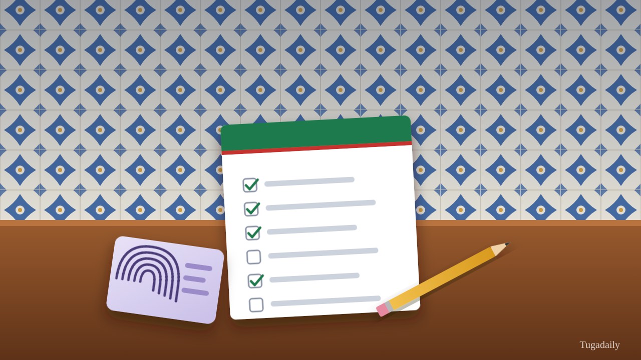 Illustration of an exam sheet with ticked boxes, a pencil and a card bearing a fingerprint, on a wooden desk in front of a wall of blue tiles