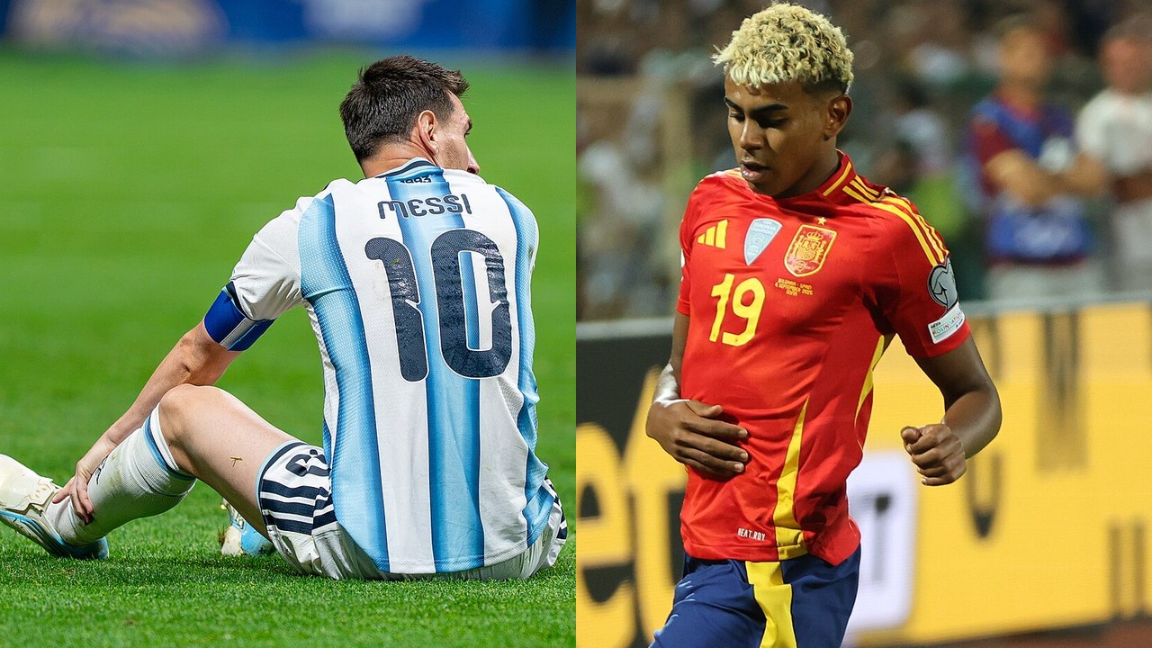 Montagem com Lionel Messi, com a camisola 10 da Argentina, e Lamine Yamal com a camisola vermelha da Espanha