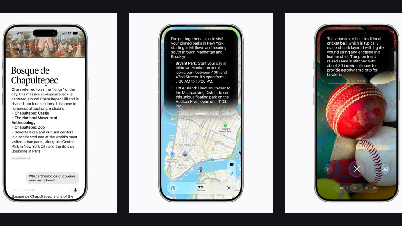Três ecrãs de iPhone com a Siri AI: uma conversa na app Siri, um roteiro num mapa e o modo Siri na câmara a identificar uma bola de críquete