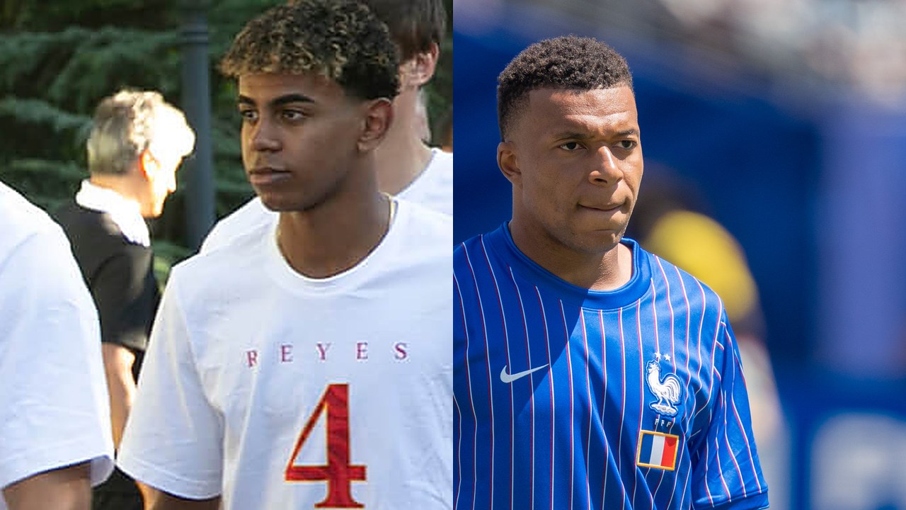 Montagem com Lamine Yamal, com a camisola de campeão europeu da Espanha, e Kylian Mbappé com a camisola da França